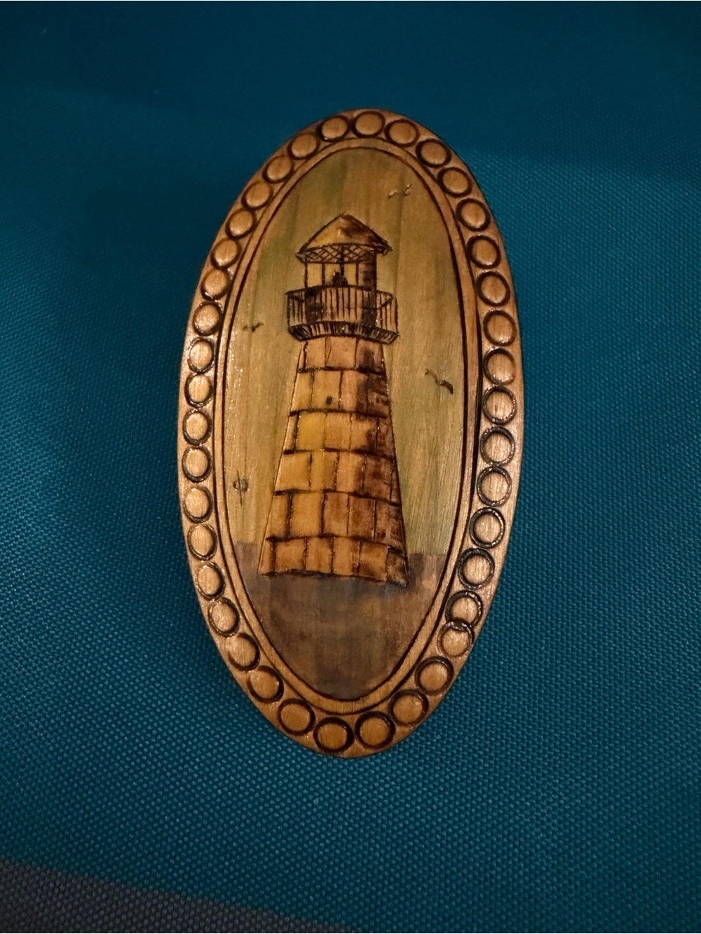 Handmade Carved Wooden Lighthouse Oval Brooch - Brown